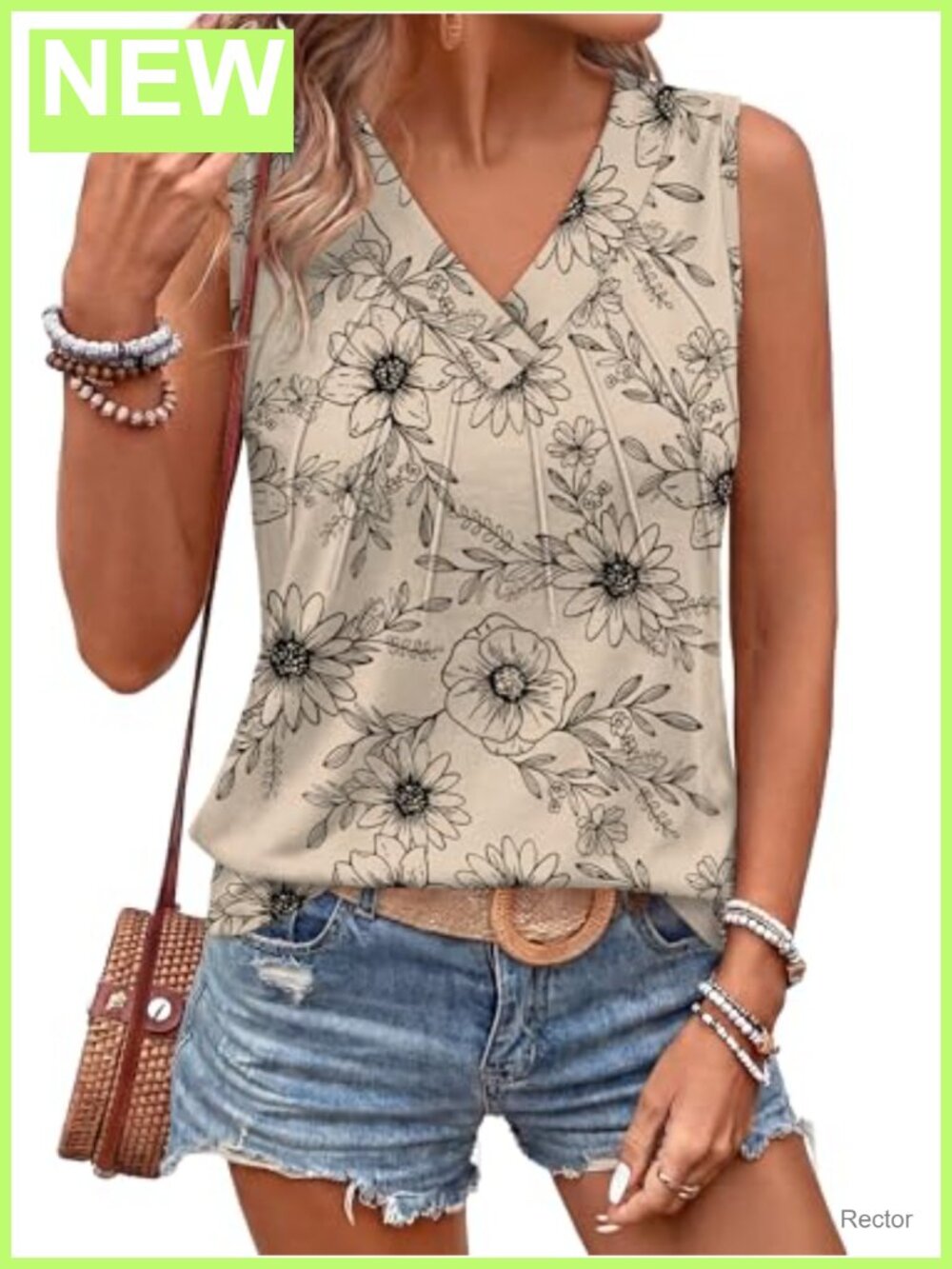 Women's Loose Fit Sleeveless Tank Top V-Neck Pleated Front Curved Hem